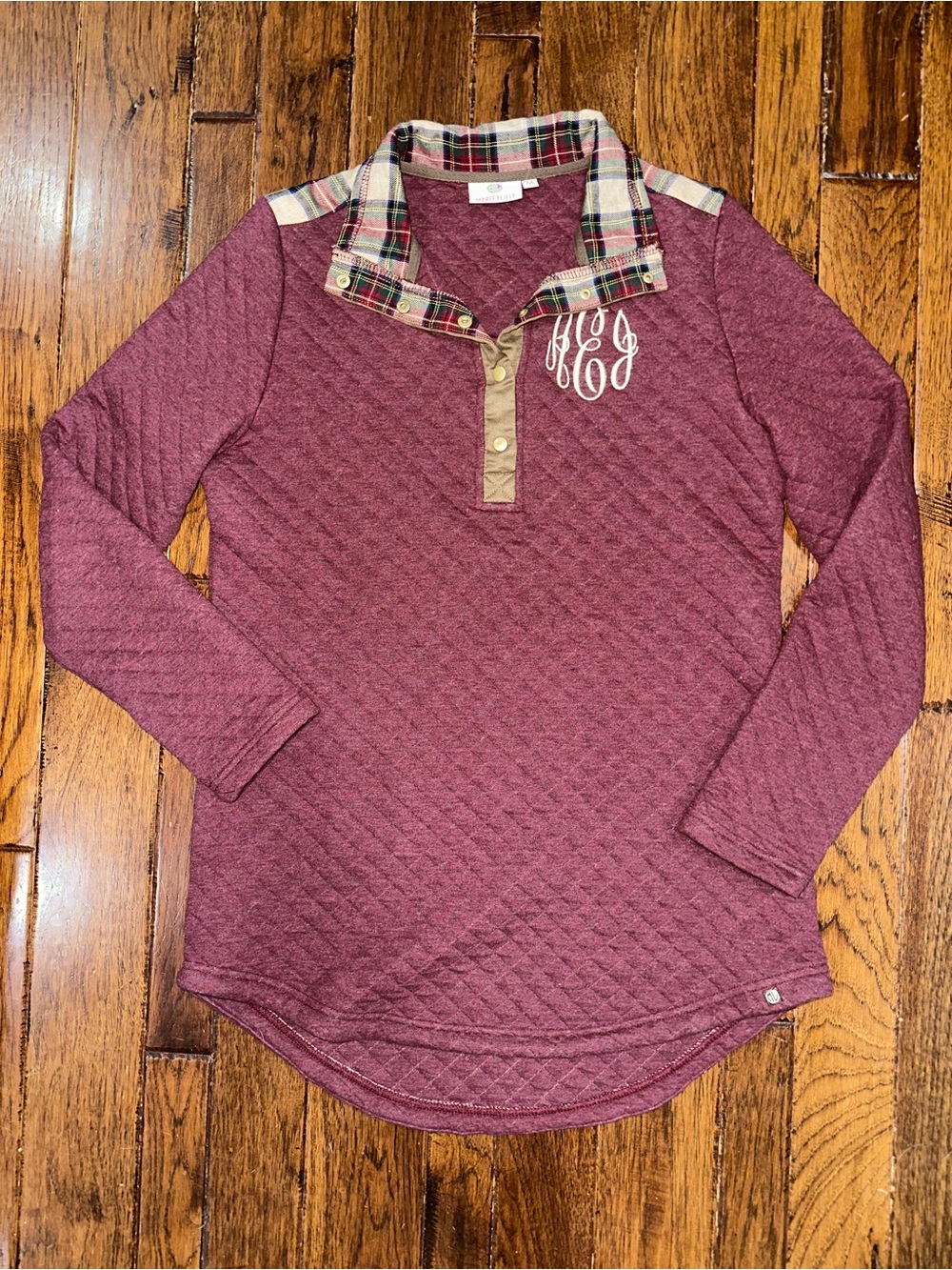 Marleylilly Quilted Burgundy Pullover with Plaid Collar and Monogram